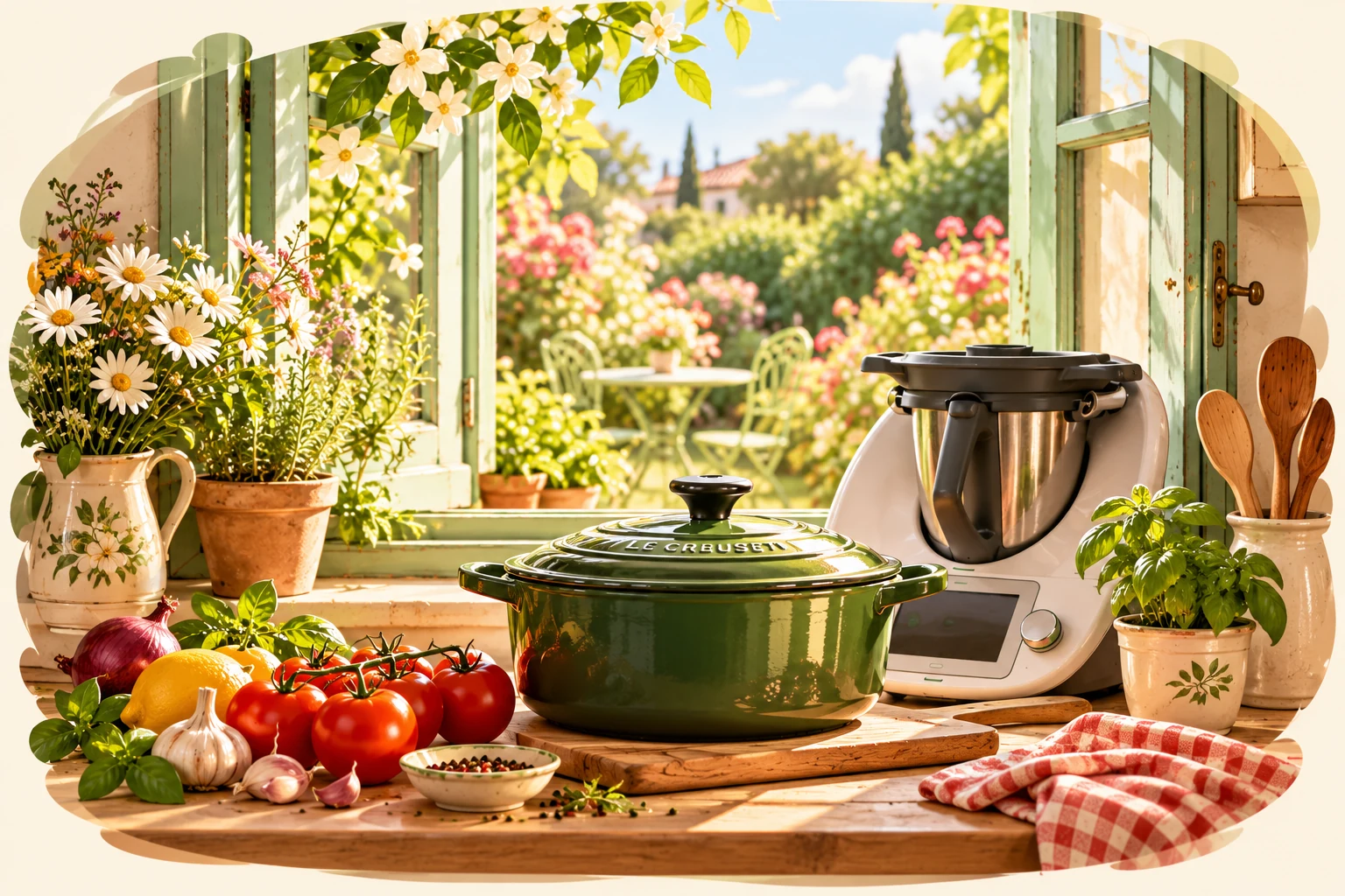Cocotte verte et légumes frais dans une cuisine lumineuse.