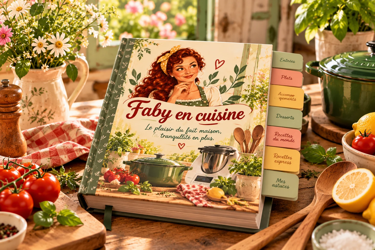Le livre Faby en cuisine illustré dans une cuisine chaleureuse, avec le personnage et la signature de la marque.