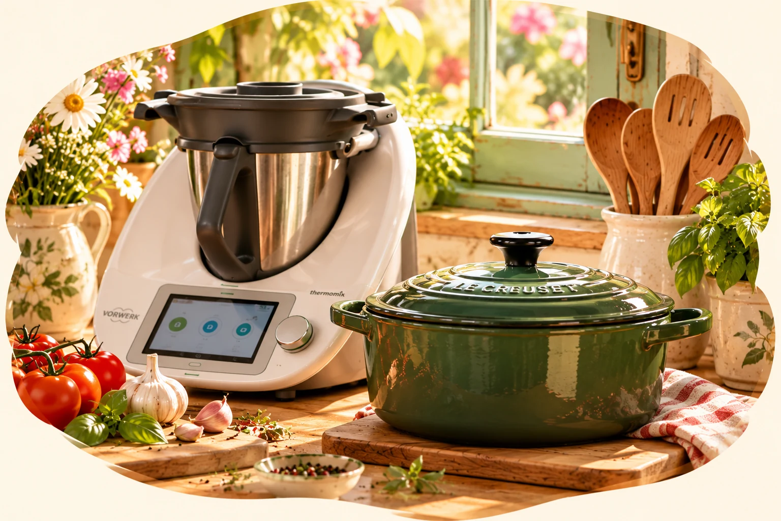 Thermomix et cocotte verte dans une cuisine lumineuse, visuel d’ambiance de la charte.